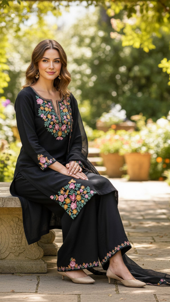 ELEGENT WEAR EMBROIDERED TOP WITH 2 SIDE POCKETS WITH PLAZZO AND DUPPATA