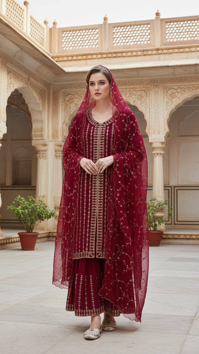 FESTIVAL SPECIAL LUNCHING NEW MAROON HEAVY SHARARA PAIR WITH DUPATTA