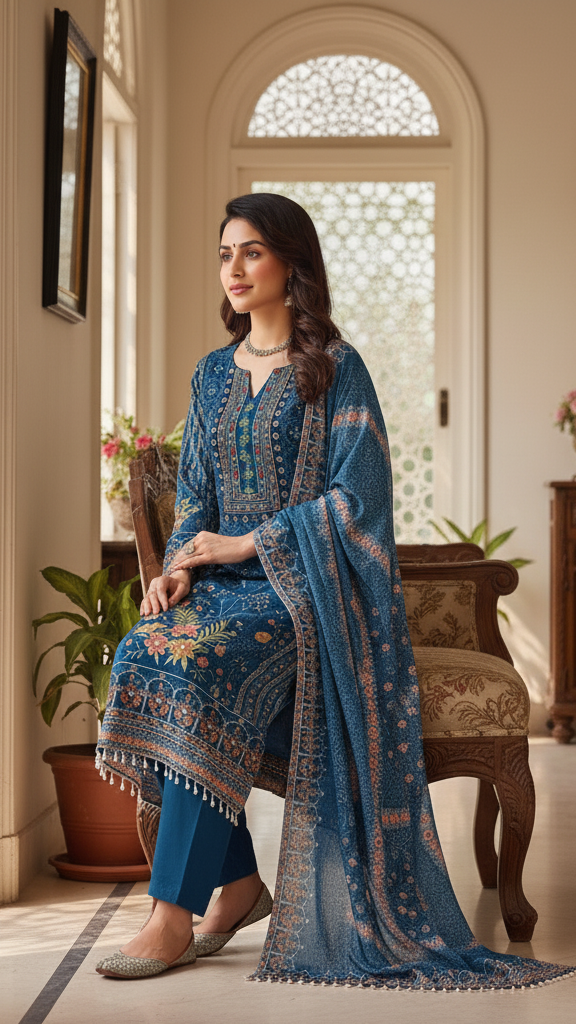 Teal Blue Floral Embroidered Digital Print Suit Set