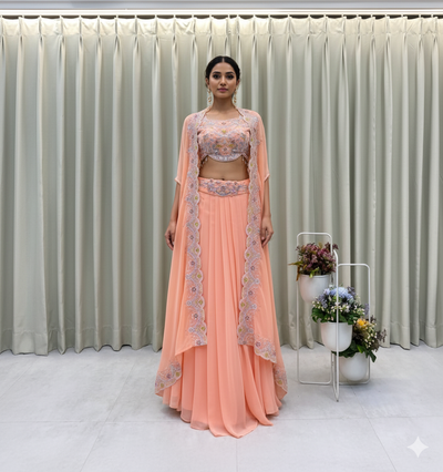 Ethereal Mix Pastel Cape Style Co-Ord with Hand Embroidery & Draped Bottoms