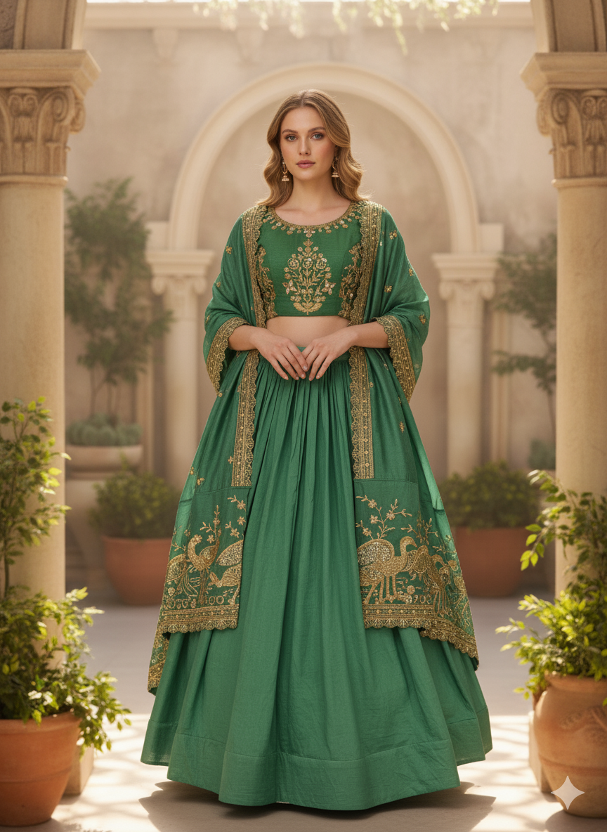 Emerald Green Silk Lehenga Choli with Golden Peacock Embroidery