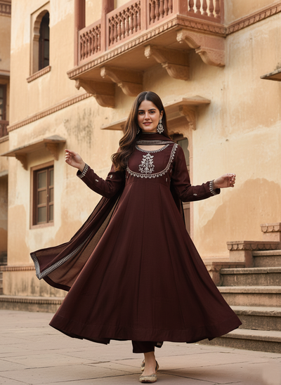 Brown Embroidered Silk Blend Anarkali Kurta With Dupatta Set ( S TO XXL )