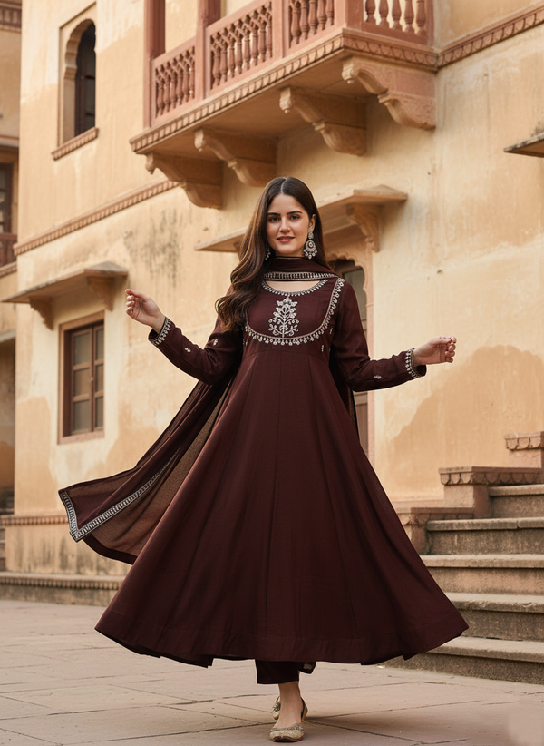 Brown Embroidered Silk Blend Anarkali Kurta With Dupatta Set ( S TO XXL )