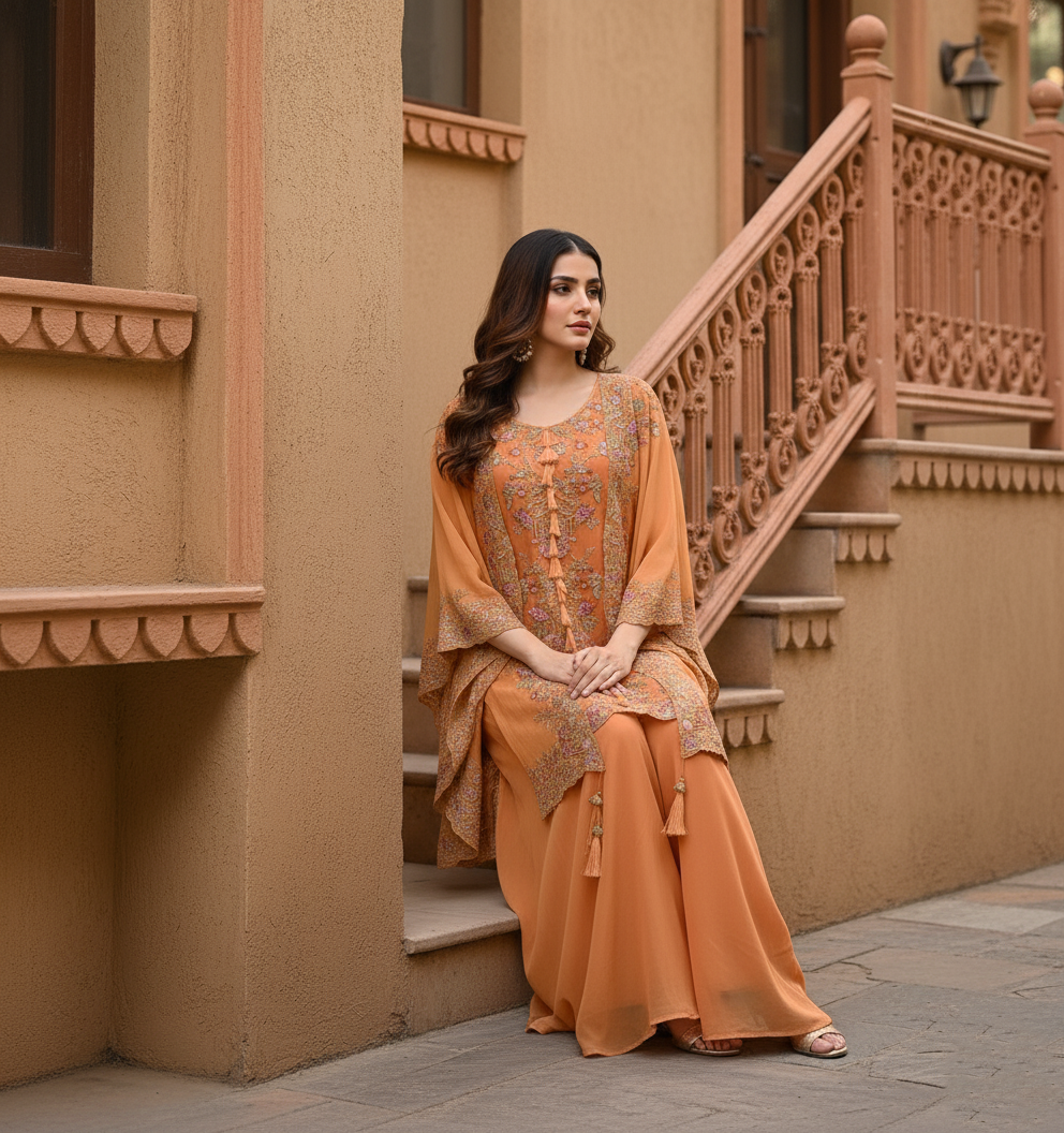 Festive Golden Orange Georgette Kaftan Tunic & Wide-Leg Pants