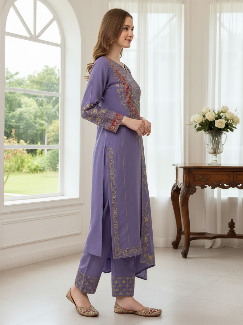 ELEGENT DESIGNER WEAR EMBROIDERED BOAT NECK TOP WITH PLAZZO PRIMIUM PAIR