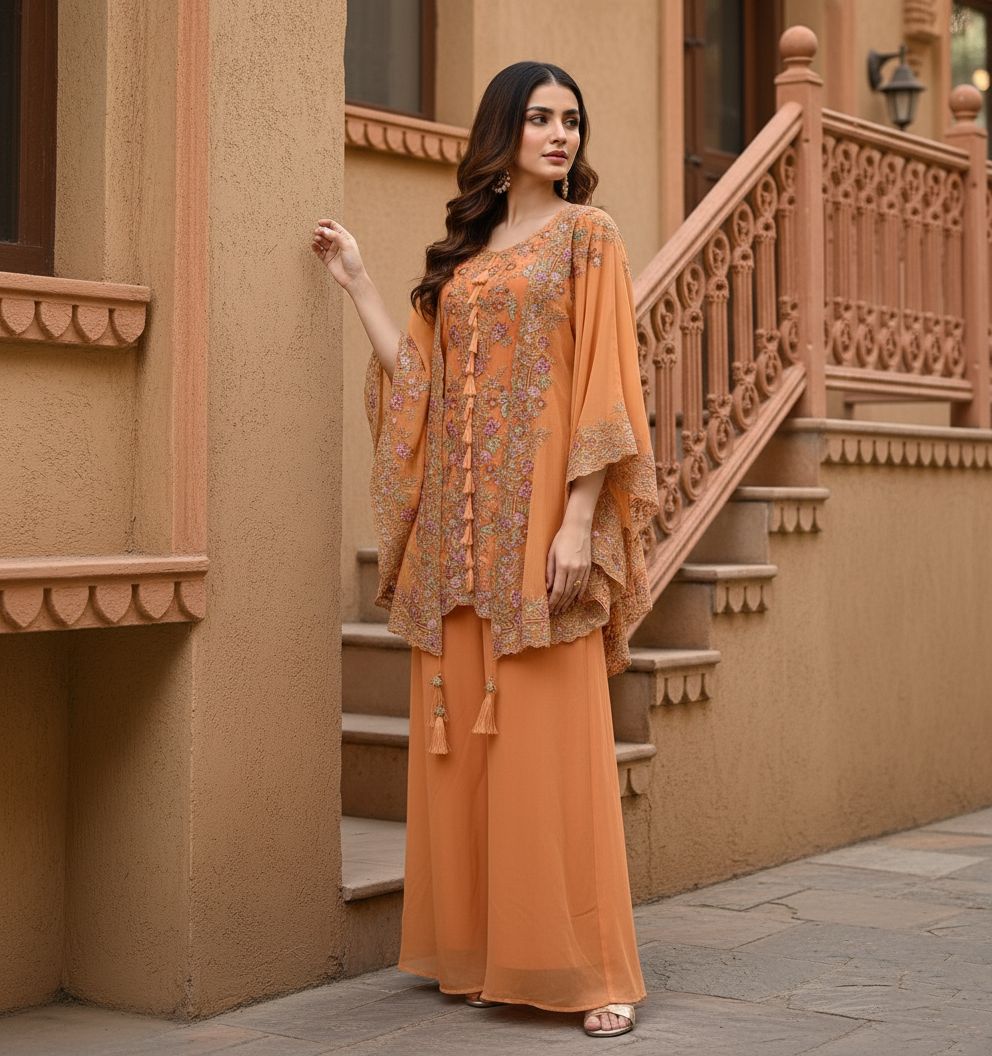 Festive Golden Orange Georgette Kaftan Tunic & Wide-Leg Pants