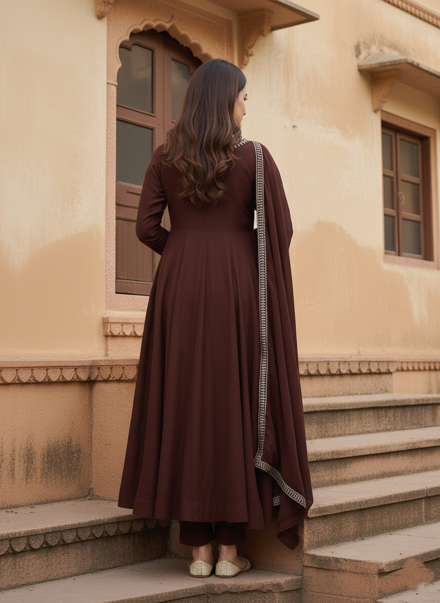 Brown Embroidered Silk Blend Anarkali Kurta With Dupatta Set ( S TO XXL )