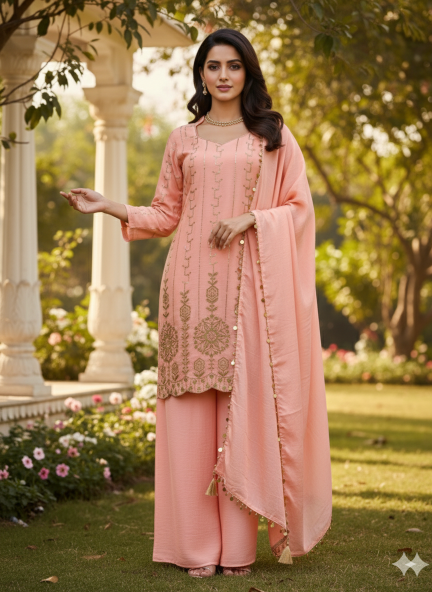 DESIGNER WEAR EXCLUSIVE PEACH EMBROIDERED TOP WITH PLAZZO PAIR