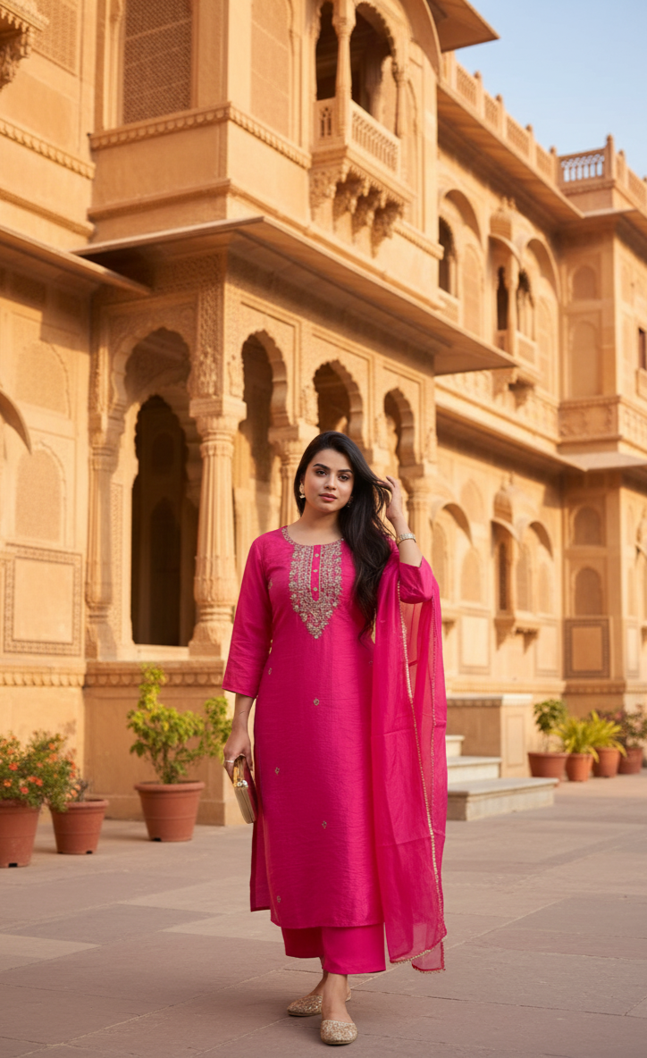 Classic Women’s Pink Kurta Pent Dupatta Set