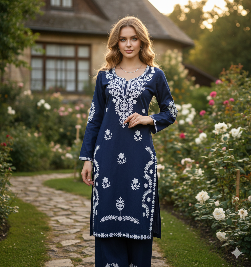 EXCLUSIVE EMBROIDERED BLUE TOP WITH PLAZZO PAIR