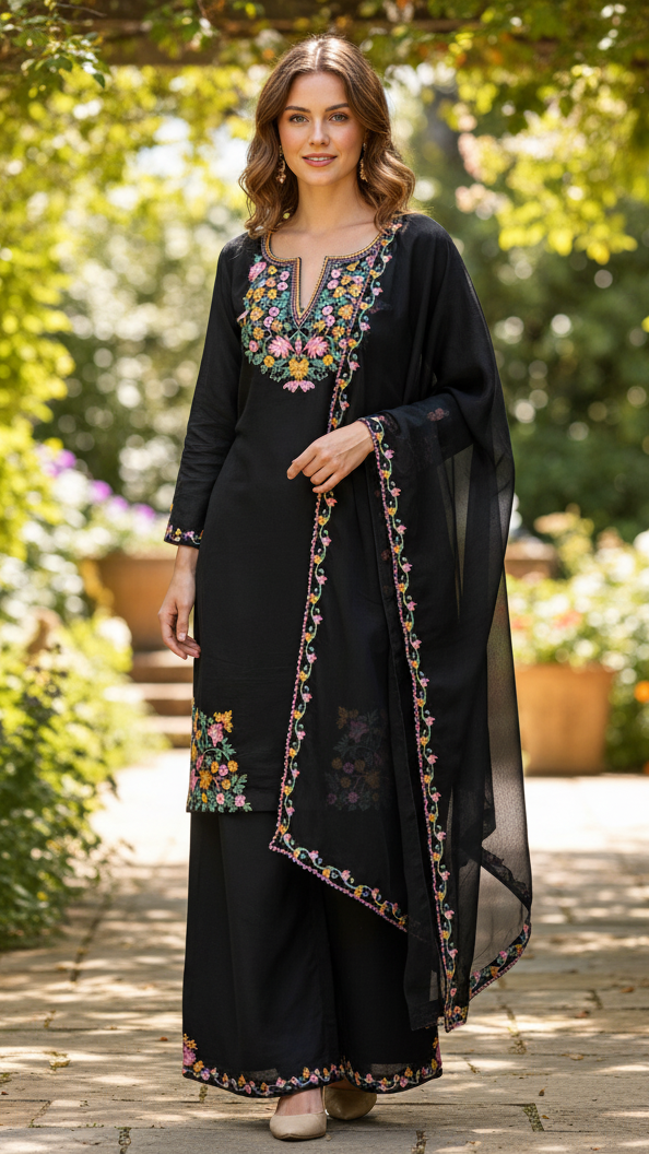 ELEGENT WEAR EMBROIDERED TOP WITH 2 SIDE POCKETS WITH PLAZZO AND DUPPATA