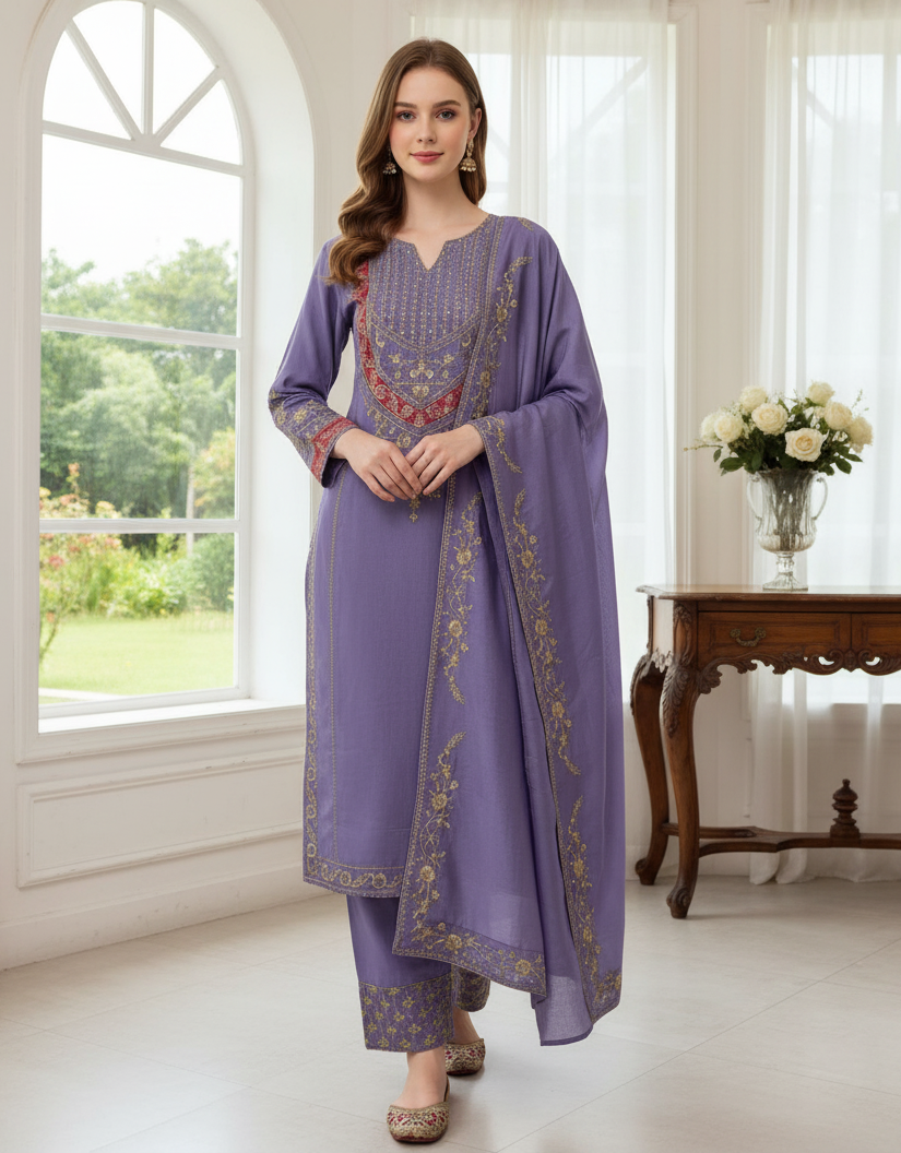 ELEGENT DESIGNER WEAR EMBROIDERED BOAT NECK TOP WITH PLAZZO PRIMIUM PAIR