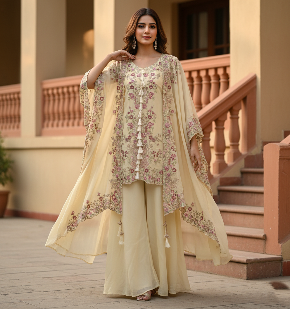 Festive Golden Beige Georgette Kaftan Tunic & Wide-Leg Pants
