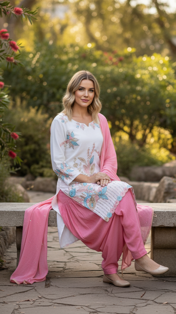 PRIMIUM VICHITRA SILK WEAR EMBROIDERED TOP WITH SALWAAR PAIR