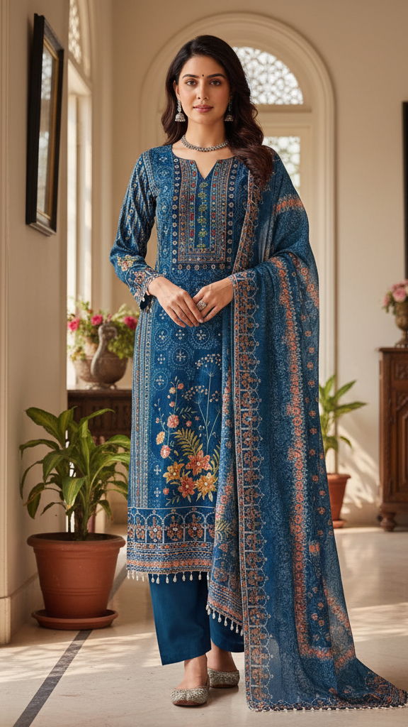 Teal Blue Floral Embroidered Digital Print Suit Set
