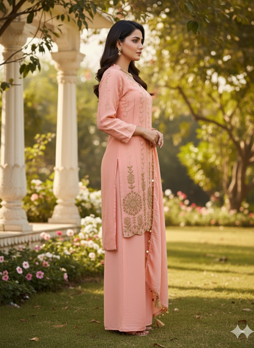 DESIGNER WEAR EXCLUSIVE PEACH EMBROIDERED TOP WITH PLAZZO PAIR