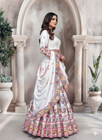 Elegent White Exclusive Lehenga Choli with Multicolor Pattern Embroidered Dupatta