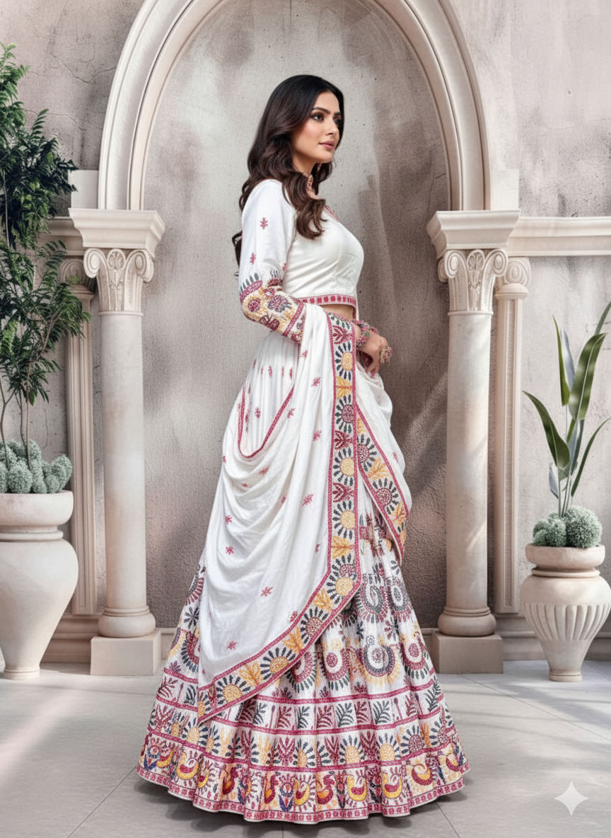 Elegent White Exclusive Lehenga Choli with Multicolor Pattern Embroidered Dupatta