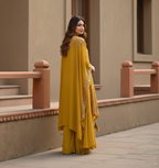 Festive Golden Yellow Georgette Kaftan Tunic & Wide-Leg Pants