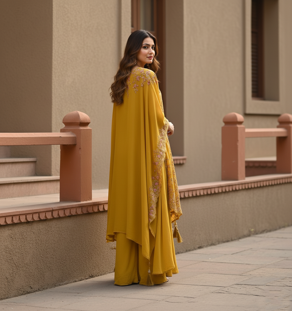 Festive Golden Yellow Georgette Kaftan Tunic & Wide-Leg Pants