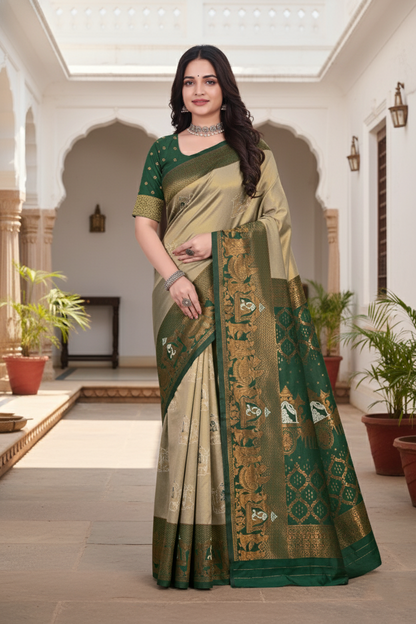 Elegant Green & Beige Banarasi Silk Saree
