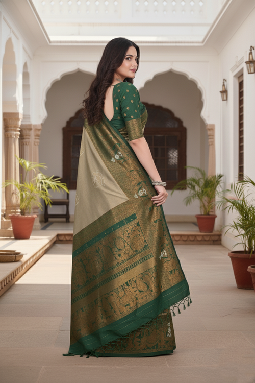 Elegant Green & Beige Banarasi Silk Saree