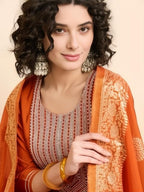 Rust Orange Embroidered Kurta Pant Set with Jacquard Dupatta | Festive Ethnic Wear
