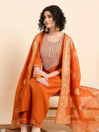 Rust Orange Embroidered Kurta Pant Set with Jacquard Dupatta | Festive Ethnic Wear