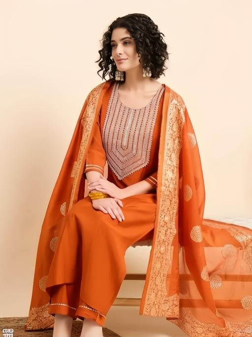 Rust Orange Embroidered Kurta Pant Set with Jacquard Dupatta | Festive Ethnic Wear