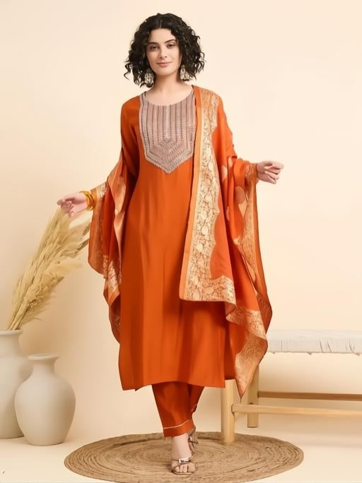 Rust Orange Embroidered Kurta Pant Set with Jacquard Dupatta | Festive Ethnic Wear