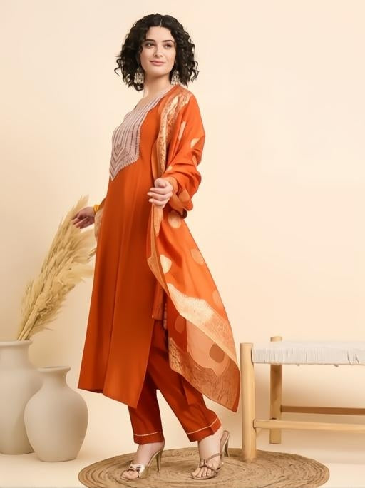 Rust Orange Embroidered Kurta Pant Set with Jacquard Dupatta | Festive Ethnic Wear