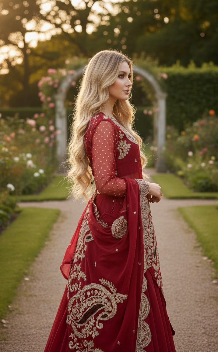 DESIGNER WEAR EMBROIDERED LEHENGA BLOUSE AND SHRUGE