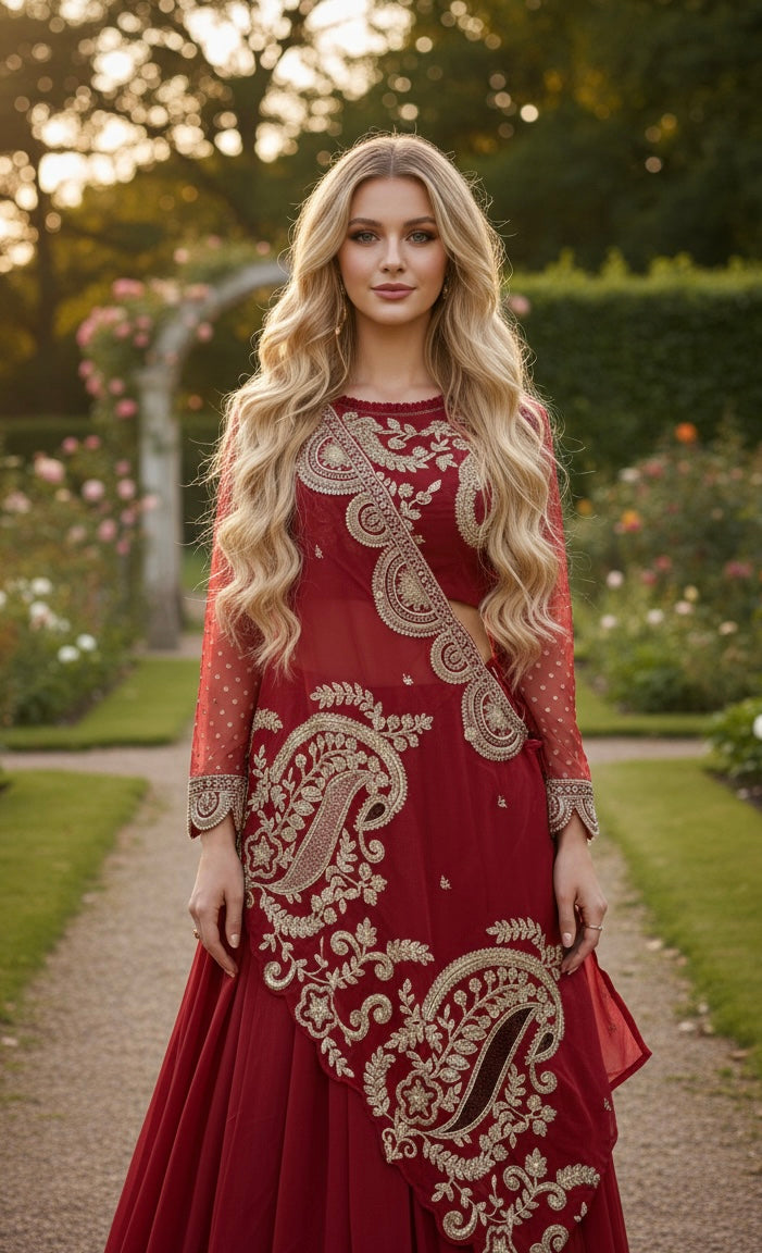 DESIGNER WEAR EMBROIDERED LEHENGA BLOUSE AND SHRUGE