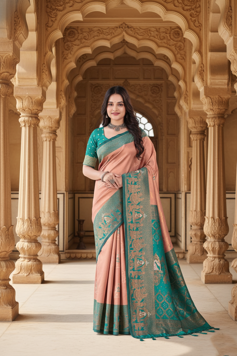 The Pastel Charm Silk Saree in Peach & Rama Green