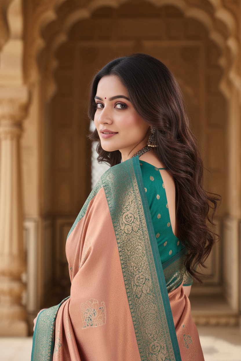 The Pastel Charm Silk Saree in Peach & Rama Green
