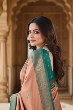The Pastel Charm Silk Saree in Peach & Rama Green