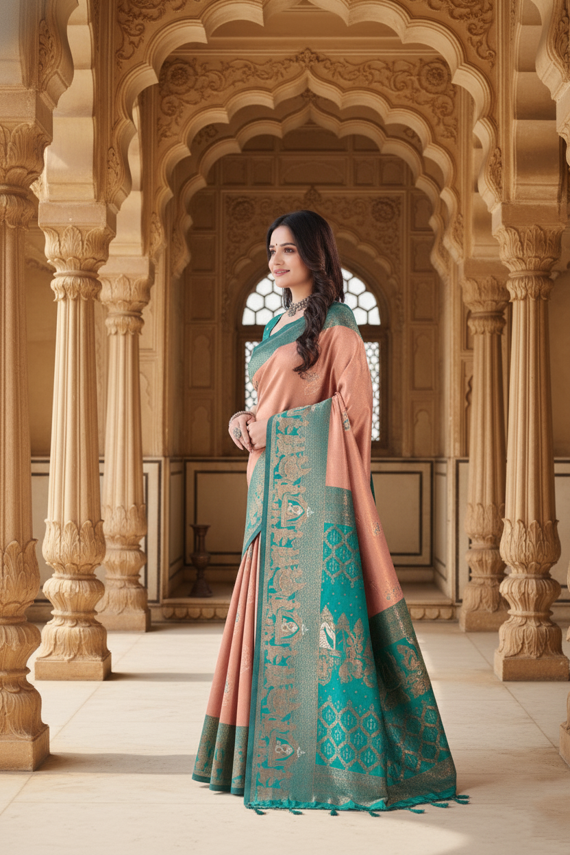 The Pastel Charm Silk Saree in Peach & Rama Green