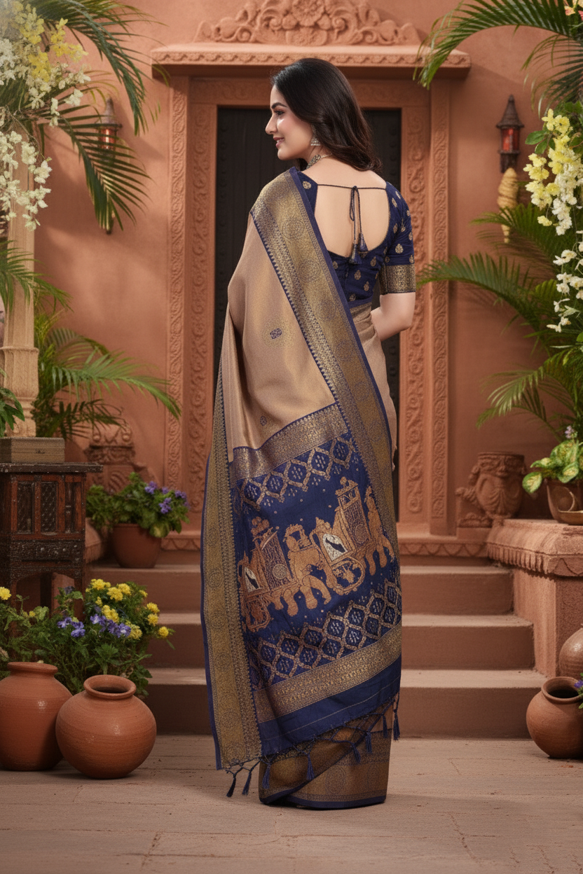 The Royal Dusk Banarasi Saree in Coffee & Royal Blue
