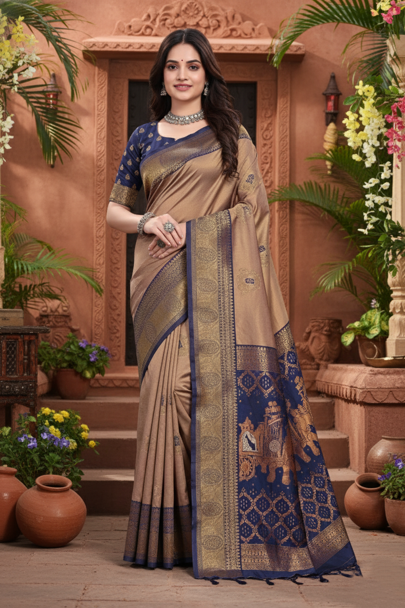 The Royal Dusk Banarasi Saree in Coffee & Royal Blue