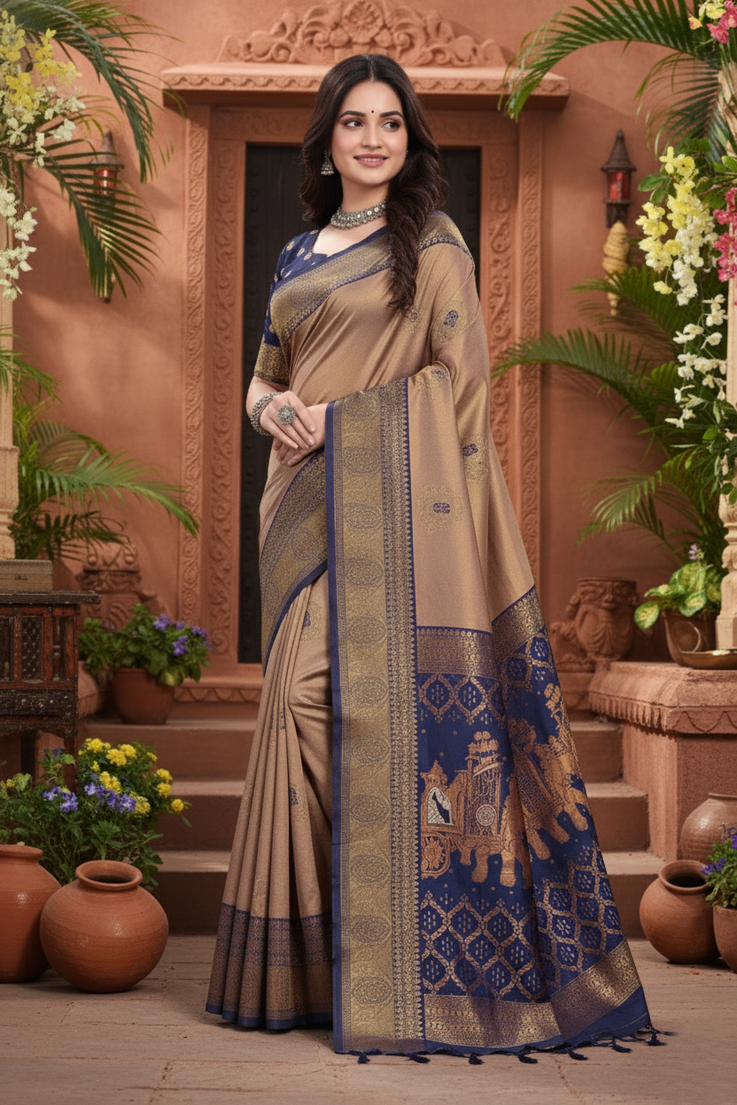 The Royal Dusk Banarasi Saree in Coffee & Royal Blue