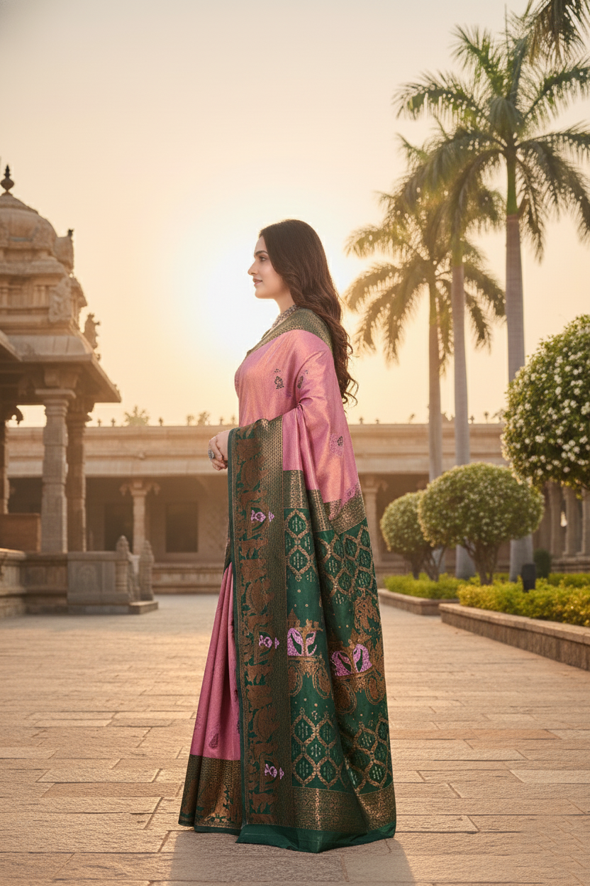 The Heritage Bloom Silk Saree in Blush Pink & Forest Green