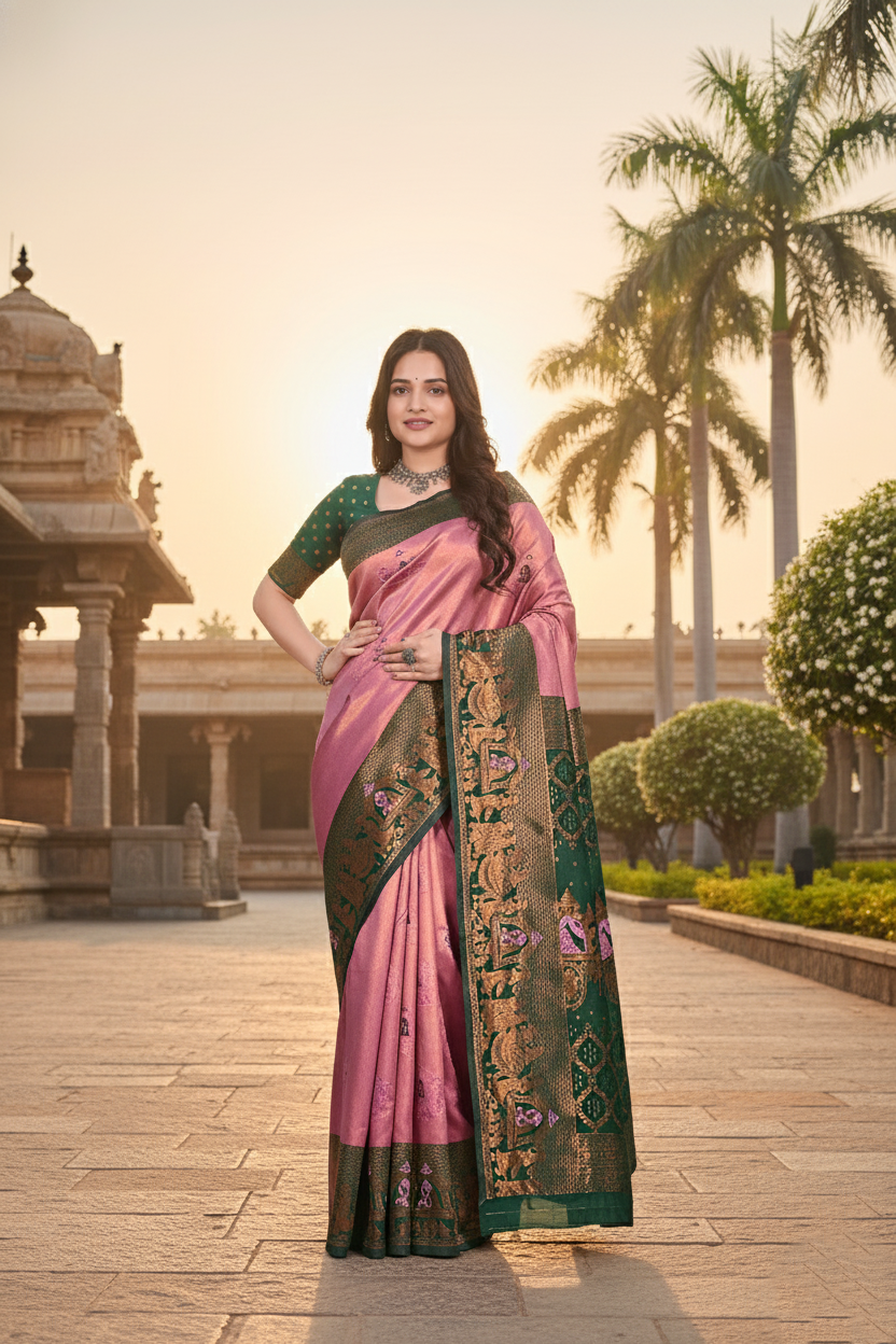 The Heritage Bloom Silk Saree in Blush Pink & Forest Green