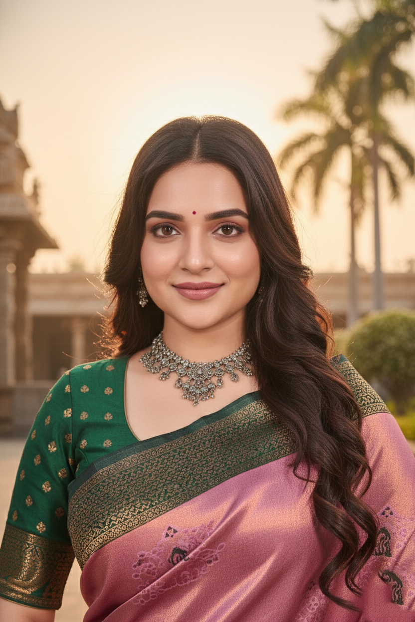 The Heritage Bloom Silk Saree in Blush Pink & Forest Green