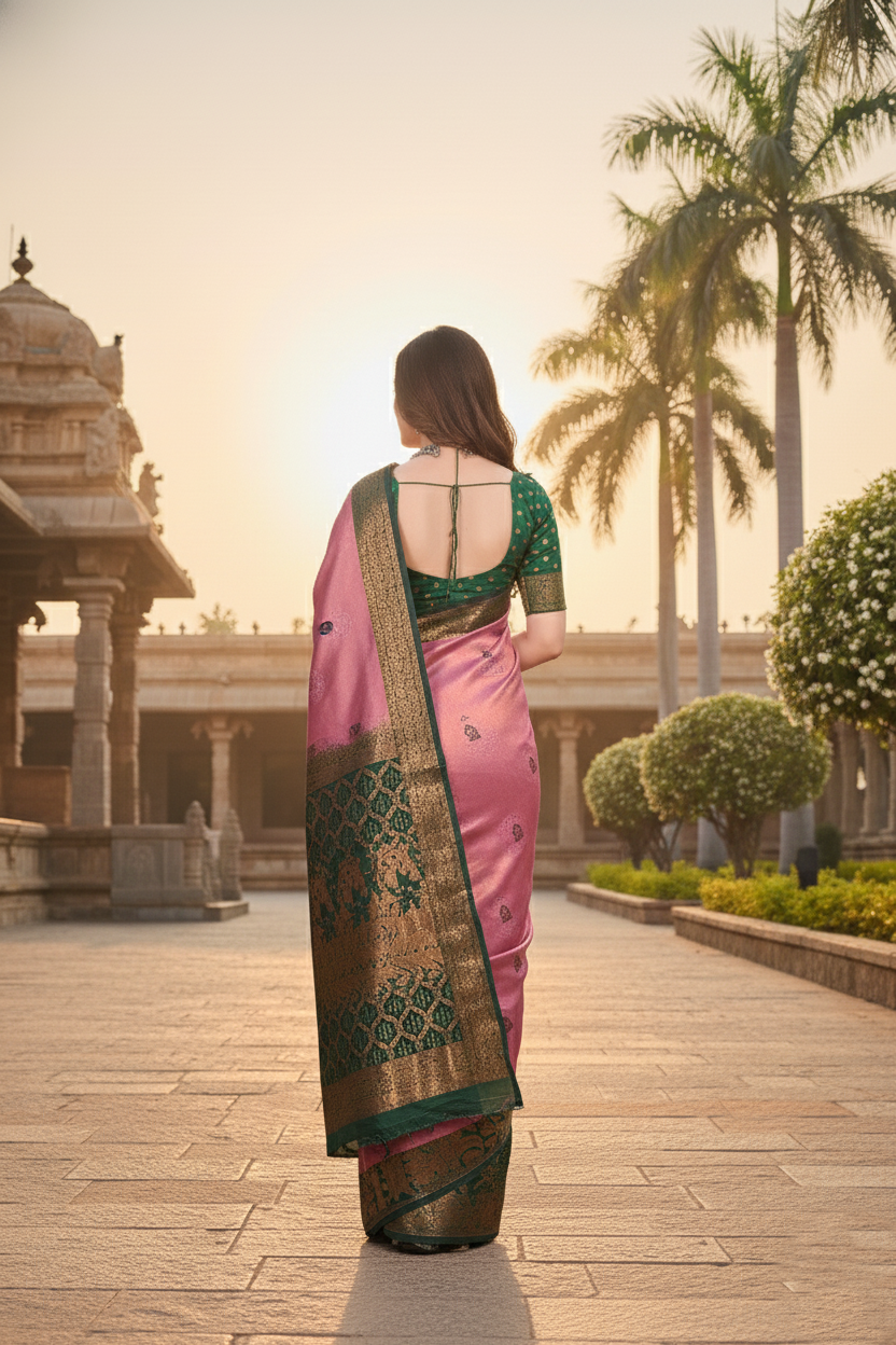 The Heritage Bloom Silk Saree in Blush Pink & Forest Green