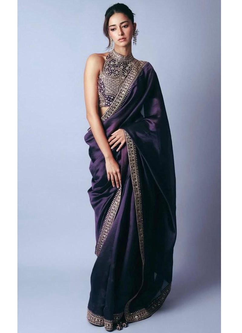 Violet Jimmy Choo Silk Sequin Work Party Wear Saree