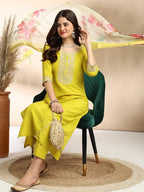 Parrot Green Women Silk Blend Kurta Pant Dupatta Set