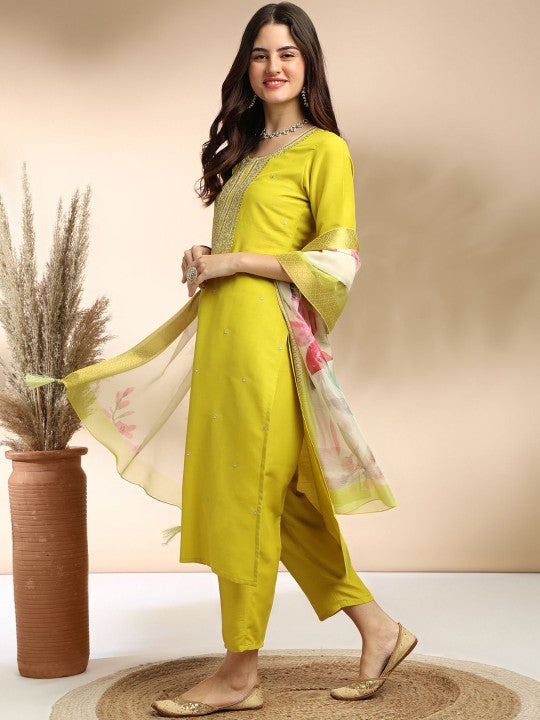 Parrot Green Women Silk Blend Kurta Pant Dupatta Set