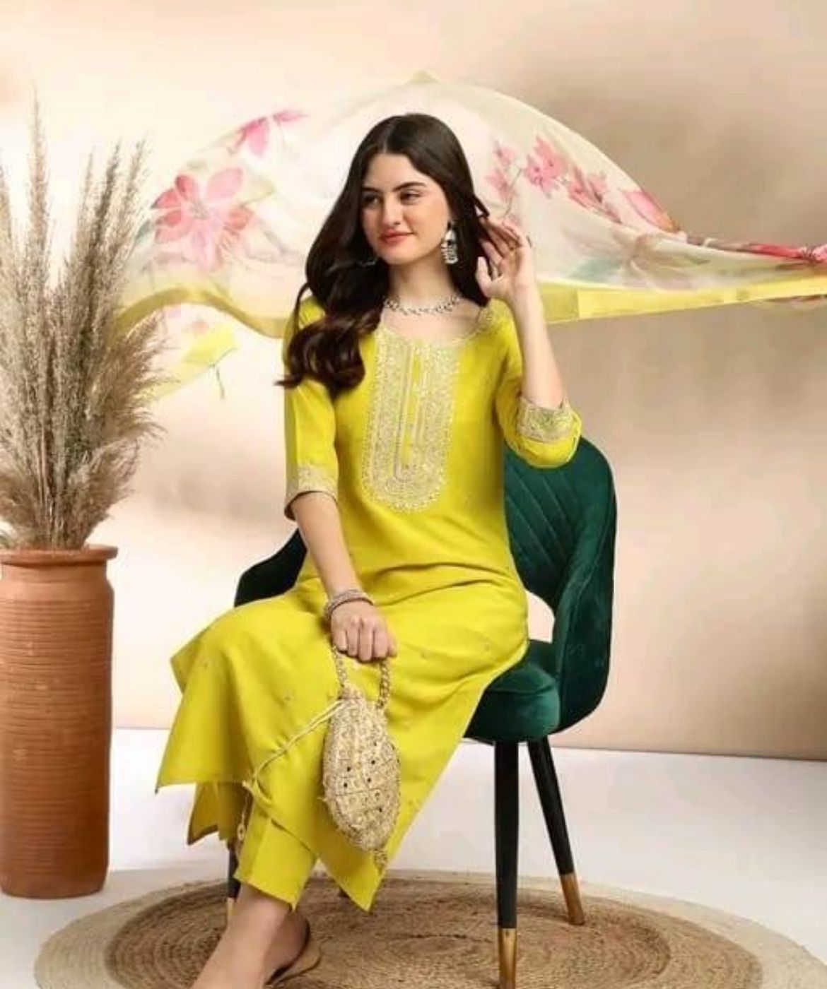 Parrot Green Women Silk Blend Kurta Pant Dupatta Set