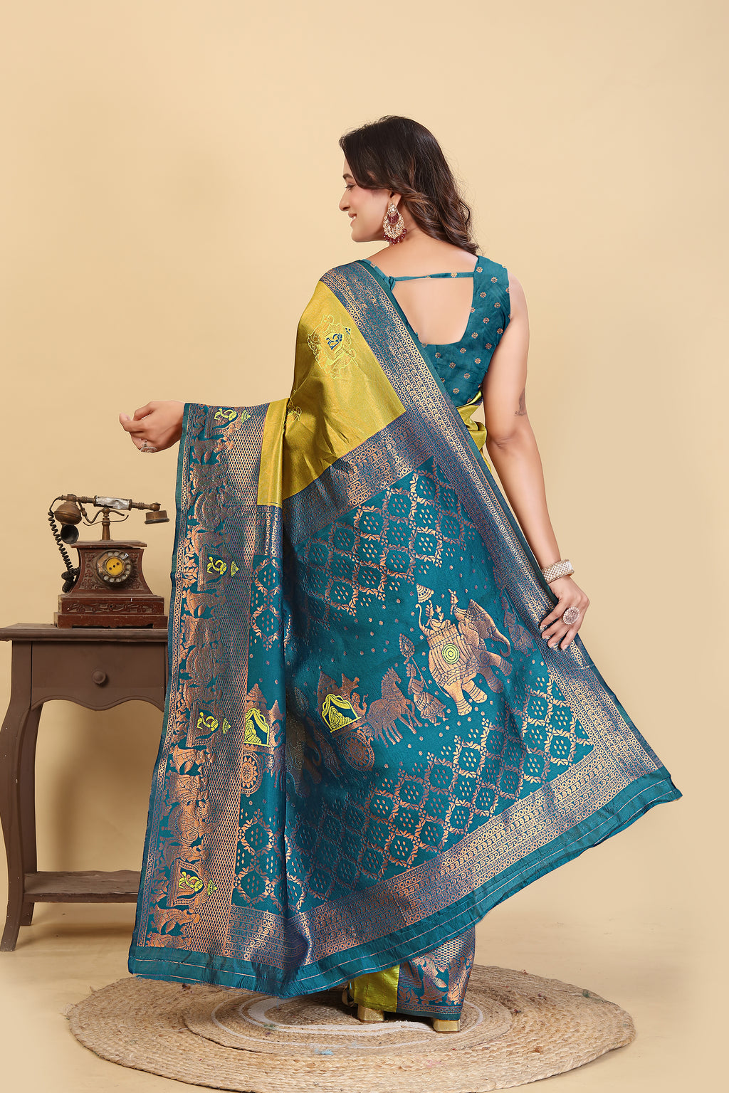 The Peacock Majesty Silk Saree in Chartreuse & Teal