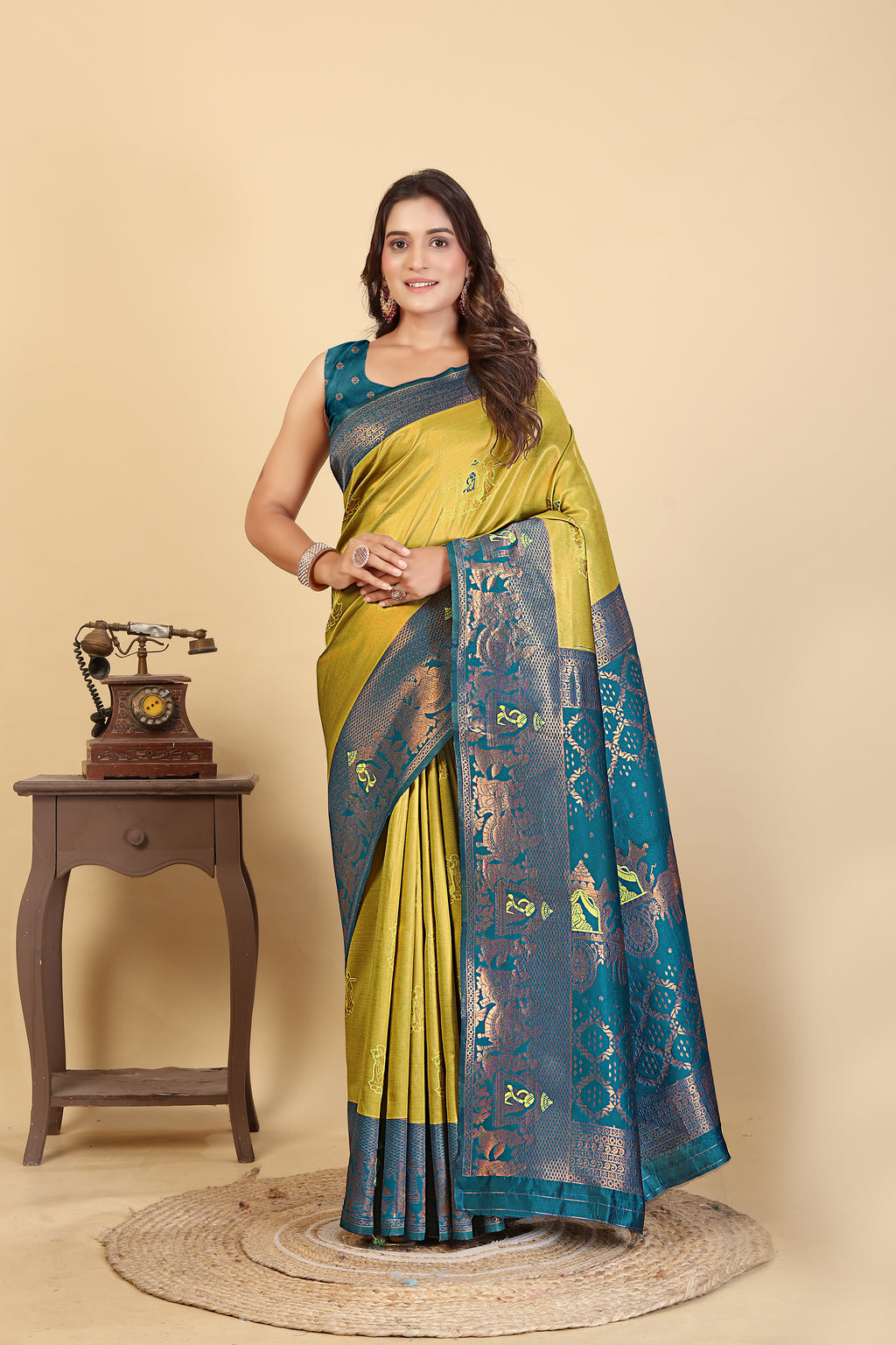 The Peacock Majesty Silk Saree in Chartreuse & Teal